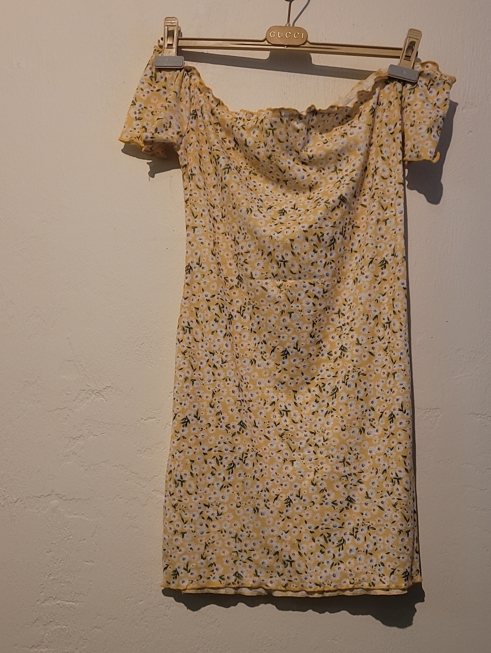 Gucci Style Yellow Floral Off-Shoulder Midi Dress